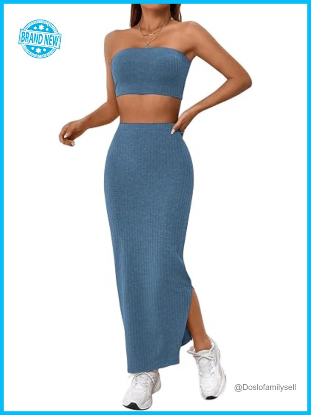 Women's 2 Piece Lounge Set Knit Tube Crop Top and Split Midi Skirt